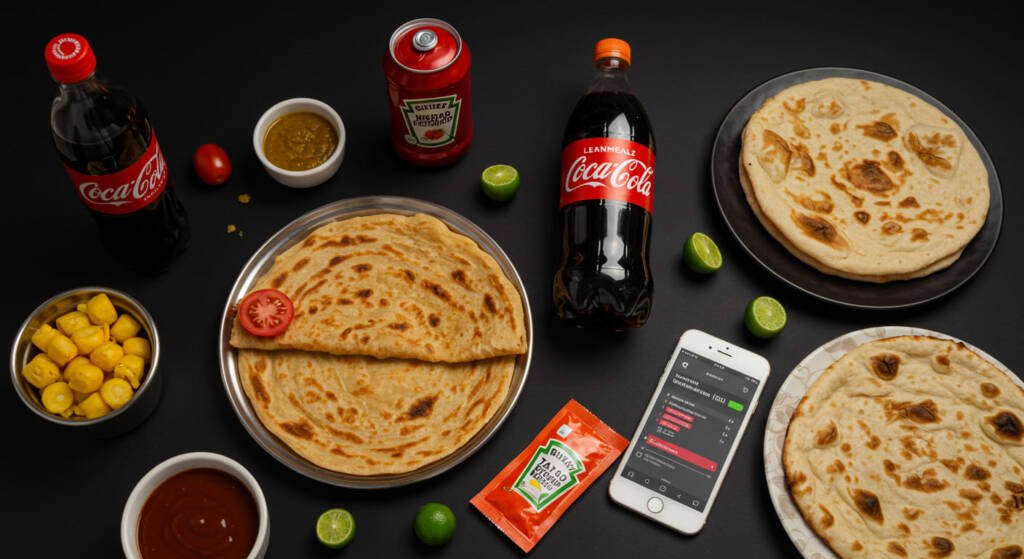 Visual metaphor of fat loss diet mistakes in Pakistan – oily food, soda, and calorie calculator on a dark modern table