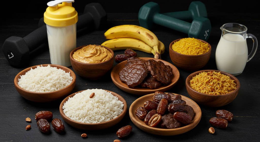 High calorie foods for lean bulking in Pakistan – rice, peanut butter, beef, and milk styled on a dark background with fitness elements