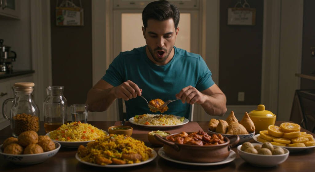 how to stick to a diet in Pakistan – person choosing a healthy meal over fast food in a modern kitchen